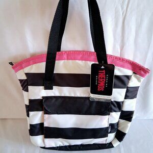 NWT Thermos Insulated Black, White, & Pink Striped Insulated Tote